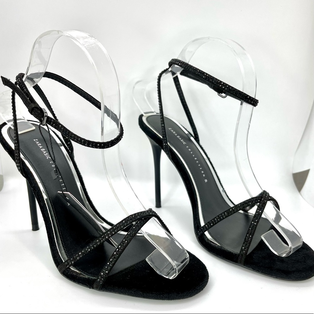 Zara Black Velvet High Heeled Sandals – Beaded Straps, 4.3” Heel, New with Tags